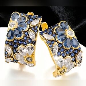 Blue & White Orchid Earrings Blue & Clear CZ Gold Tone Flower Earrings